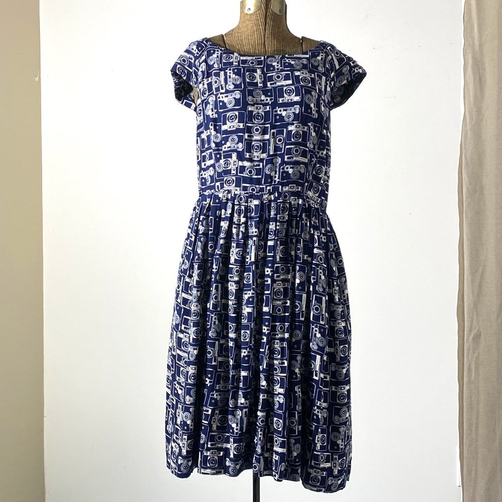Emily and Fin blue camera print dress, large